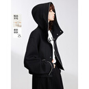 ELLE黑色绵羊毛撞色连帽短外套女2026春季新款新年宽松休闲通勤风上衣 黑色 M