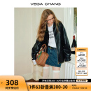 VEGA CHANG皮衣女2024年秋新款宽松显瘦机车风pu皮夹克港风短外套 松绿黑 M