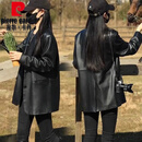 皮尔卡丹（pierre cardin）高档女士休闲皮衣外套韩版机车服宽松时尚黑色小西装真皮夹克 黑色 2XL 160-170斤