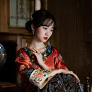 一城风絮倾国艳丨新年战袍丨复刻古董大袖如意云头绣花旗袍裙改良氅衣日常 橘红色 M