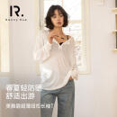 Henny Rue女士长袖T恤上衣女宽松防晒春夏季美雅碧轻薄罩衫系扣V领空调衫 云雾白 均码 （90-150斤）