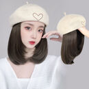 TANNY假发女帽子假发一体短发贝雷八角帽秋冬时尚自然锁骨发仿真假发帽 黑棕色＋发网