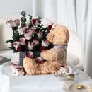 泰迪熊秘境花园镜面花盒玫瑰永生花手捧小熊花束礼盒情人节送女友 卡其粉 50*30*60cm 永生玫瑰花