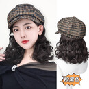 唐妮帽子假发女秋冬季短卷发海军帽一体式洋气百搭鸭舌帽带头发全头套 英伦格子八角帽气质卷【棕黑色】+发网