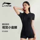 李宁（LI-NING）泳衣女连体平角游泳衣女士专业运动保守显瘦温泉泳装7561黑金L