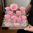 七夕9朵永生花玫瑰镜面花盒情人节送女友亚克力摆件永生花礼物 珠光粉 28*21*25cm 永生玫瑰花