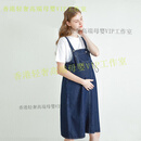费雪（Fisher-Price）孕妇套装新款牛仔背带裙两件套装连衣裙纯棉t恤上衣女夏装 深蓝背带裙+白色短袖T恤 M