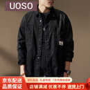 UOSO高端美式重磅黑色工装衬衫男士秋季新款复古外套休闲衬衣宽松夹克 黑色 S 适合90-110斤