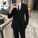 花花公子男士西服套装韩版新郎结婚正装礼服修身伴郎团外套休闲职业小西装 二扣黑色【西服+马甲+裤子+衬衫 S