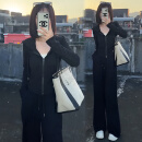 韩璐娇（hanlujiao）卫衣女装春秋季2025年新款休闲运动服设计感连帽显瘦阔腿裤套装女 黑色 XL 【建议115-130斤】