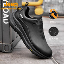 Jeep吉普【科技防水】旋钮扣越野跑鞋男 头层牛皮户外高弹缓震运动鞋 经典黑色 42