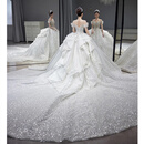 季节里重工婚纱大拖尾法式一字肩礼服2024新款新娘质感主纱 白色拖尾婚纱（加三件套） L