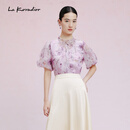 拉珂蒂（La Koradior）时尚夏季新款泡泡袖印花短袖淑女衬衫上衣女 灰青紫 L