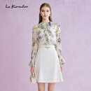 拉珂蒂（La Koradior）【桑蚕丝】春季新款法式印花真丝花边领小衫女 淡黄 M