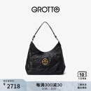 GROTTO[马伯骞同款]个乐黑石Hobo包 大容量托特包羊皮单肩包斜挎包 经典黑（金标）