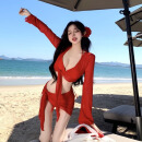 蓝汐格比基尼游泳衣女性感四件套装网红新同款沙滩泡温泉2024外穿 红色四件套+头花【80-120斤】