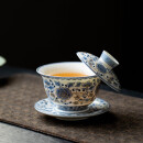四美堂陶瓷三才盖碗缠枝莲泡茶碗白瓷可悬停功夫茶具大号茶碗