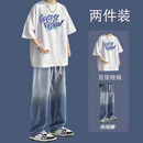 洛科驰短袖t恤夏季套装男学生潮流帅气一整套搭配高街牛仔裤炸街两件套 【2件装】短袖白色+高街蓝色牛仔 XL