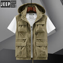 JEEP SPIRIT工装连帽马甲男春秋薄款坎肩钓鱼背心速干马夹新款2023男摄影外套 8575卡其 XL 140-160斤