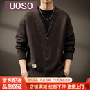 UOSO美式复古重磅V领开衫毛衣男秋季宽松潮牌毛线衣休闲针织衫外套男 深咖 M 适合100-120斤