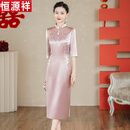 恒源祥高档新款旗袍妈妈婚礼气质醋酸礼服春夏喜婆婆婚宴装高贵改良平时 香芋紫 L(85-110斤)