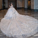 创京懿选婚纱新娘主纱重工拖尾法式一字肩婚纱2024新款新娘重工质感宫廷风 蓝色拖尾婚纱 L