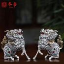 冬帝纯银麒麟足银999手工花丝茶宠工艺品摆件客厅茶桌茶台装饰品 足银999麒麟（1对） 证书+礼盒