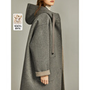 ELLE【100%绵羊毛】灰色格雷系连帽毛呢外套女2025冬新款呢子大衣 灰色 S