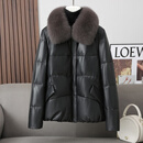 冠军闪电（CHIONPEAN）美国重磅海宁真皮羽绒服女短款狐狸毛领小个子鹅绒服绵羊皮衣皮草 黑色 M 建议体重105斤以内