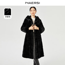 娜尔思（NAERSI）【水貂毛】气质黑色连帽皮草女2024冬装新款裘皮外套 黑色 L