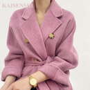 KAISENSHI鄂尔多斯市产2024年秋冬新款感双面羊绒大衣女装中长款加厚骆驼绒 产自鄂尔多斯市香芋紫 M 建议120-135斤