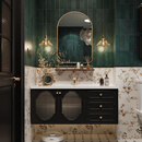 诗柏2025新款法式复古浴室柜组合陶瓷一体盆卫生间洗脸盆洗漱台洗手池 金边拱形镜+柚木色搁架 1.0米