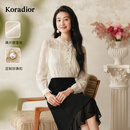 珂莱蒂尔【艺彩鎏光】25蕾丝透视长袖衬衫女时尚优雅气质上衣 淡黄 M