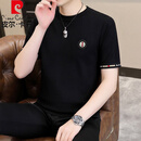 皮尔卡丹（pierre cardin）春秋季短袖男毛衣休闲修身圆领打底衫半截袖针织衫上衣帅气线衣 黑色 3XL 建议(135-150斤)