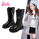 芭比童鞋女童秋冬单里长筒靴皮靴保暖时装靴子高筒百搭DA6587黑色35