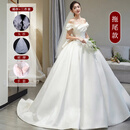 季节里缎面主婚纱礼服一字肩轻婚纱新娘2024新款主纱质感小个子大码法式 拖尾款(送三件套) M