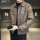 JEEP SPIRIT美式复古pu皮衣外套男春秋季感多口袋机车短款潮牌痞帅皮夹克 咖色 3XL