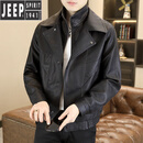 JEEP SPIRIT皮衣外套男春秋PU皮夹克感男款美式痞帅假两件双领春装机车服 黑色 L (约90~110斤可穿)