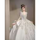 乌拓婚纱新娘主纱缎面长袖主2024新款质感小个子重工V领大码冬季 齐地款(送八件套) XL