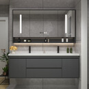 TZNUN德国简约陶瓷一体双盆浴室柜组合洗手洗脸盆实木卫生间智能洗漱台 深灰色（陶瓷一体盆） 130cm（双盆）