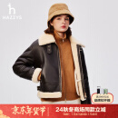 哈吉斯（HAZZYS）女装 2024冬季新款女士落肩皮毛一体短款皮衣ALVSU0BDU75 棕色BW L (165/88A 40)