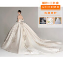 温弥法式婚纱新娘主纱缎面2025新款质感复古抹胸出门纱拖尾重工女 白色拖尾款《婚纱+3件套》 S :90斤左右