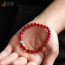 艳豪精品红色桶珠手串天然珊瑚手链18K金配饰单圈弹力沙丁桶珠手链