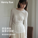 Henny Rue打底衫女春夏季轻薄透气蚕丝长袖T恤衫女纯色百搭圆领宽松上衣 云雾白 均码
