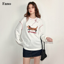 fano studios范洛Fano 慵懒风牵绳小狗长袖t恤女2025秋季新款趣味印花休闲上衣 白色第二批 S