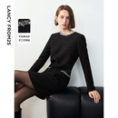 朗姿冬季新款法式复古小香风裙子羊毛气质显瘦正肩长袖连衣裙 黑色 L