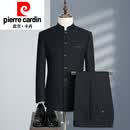 皮尔卡丹（pierre cardin）高端中山装男套装青年修身中华立领西服中国风唐装中式结婚礼服演 黑色明门襟(上衣+裤子) XXS 170A