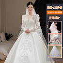 Maycaur高定婚纱礼服新娘2025新款长袖缎面质感法式重工轻奢小众主纱 白色齐地款(婚纱+三件套) M