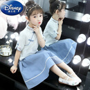 迪士尼（Disney）女童汉服夏季新款中国风超仙古装中大童复古夏装女孩裙子儿童套装 天蓝色 110
