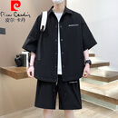 皮尔卡丹（pierre cardin）工装衬衫男套装夏季冰丝凉感短袖短裤一套搭配帅气休闲运动两件套 518黑色套装 M 100-125斤